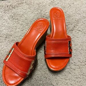 Tory Burch Women's Orange Slide Sandals wedges leather size 7